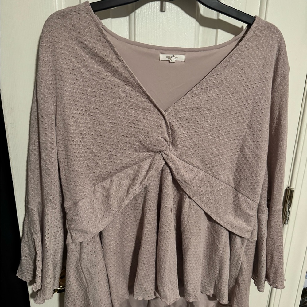 Maurices Brown Gray 3/4 Sleeve Tie Front Blouse